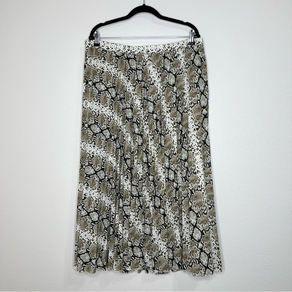 Banana Republic Ivory Brown Black Snake Animal print Pleated Midi Skirt Sz 16 - Picture 2 of 9